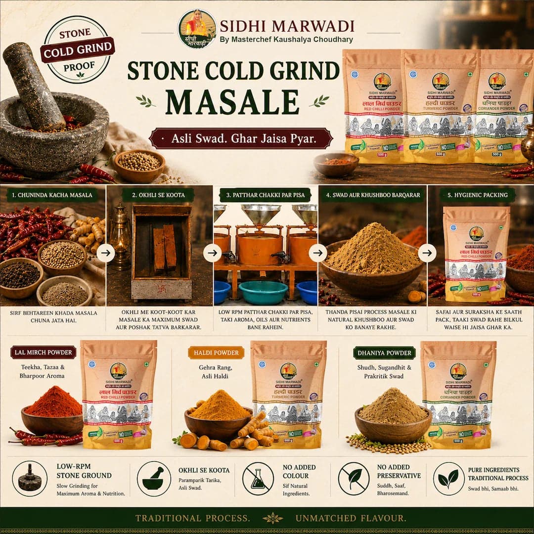 Sidhi Marwadi spices and masala powders collection with haldi lal mirch and dhania for Indian rasoi