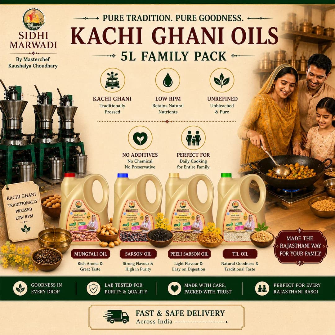 Sidhi Marwadi cold pressed oils collection with groundnut mustard and sesame oil for Indian cooking